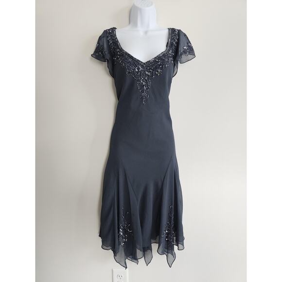 Vintage JKARA Dress Womens 12 Gray Beaded Fairy Handkerchief Hem Whimsigoth - Picture 1 of 9
